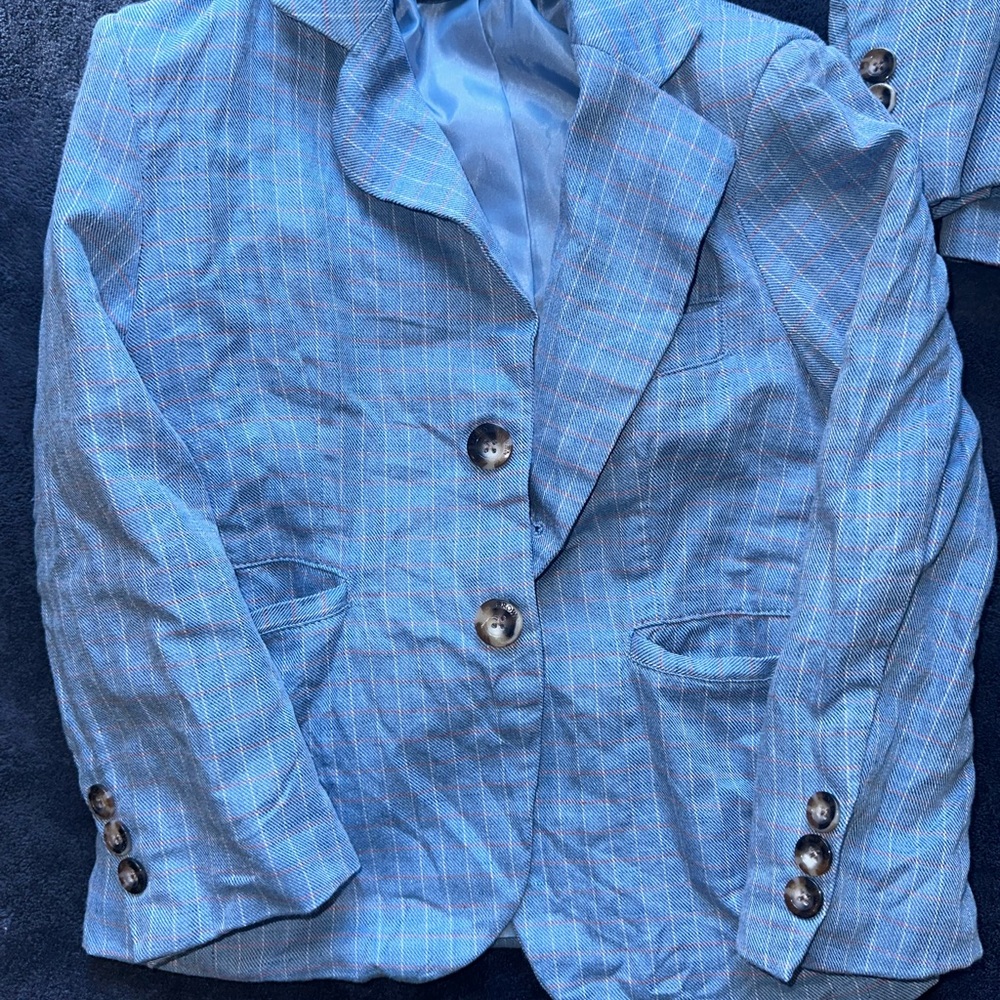 Designer Brown Bowen Blue Plaid Blazer with Button Details